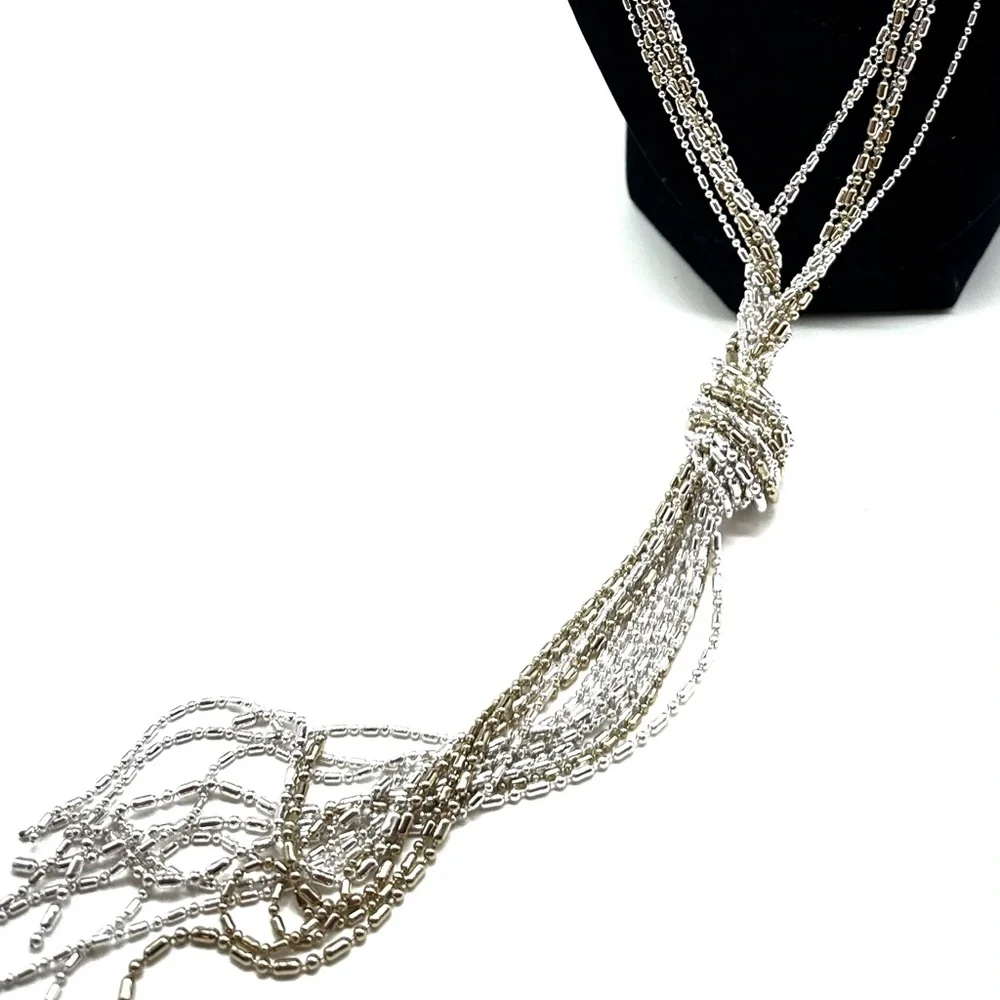 Vintage Two Tone Silver Gold Multi Strand Tassel Statement Necklace